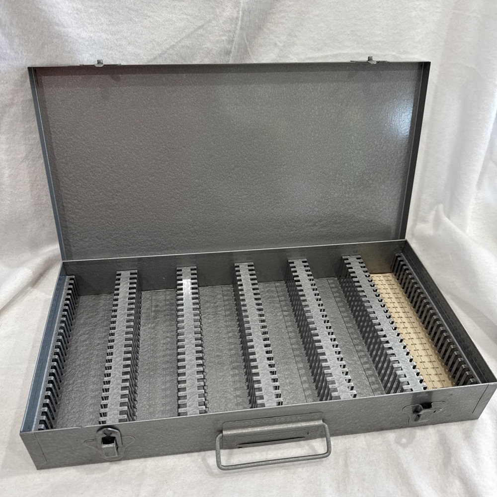 Vintage Brumberger 35mm Slide Storage Box Metal Case 150 Slots Coin Case 14.5"